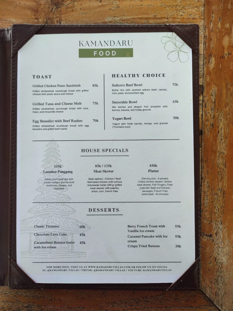 Menu Villa Kamandanu